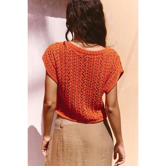 Zara Women's Orange Open Knit Cropped Sweater Top Size M - Picture 2 of 11